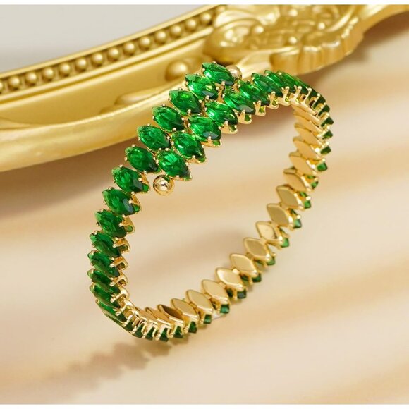 Gold Green Rhinestone Cuff Bracelet Cubic Zirconia Tennis Bracelets for Women - Picture 3 of 7